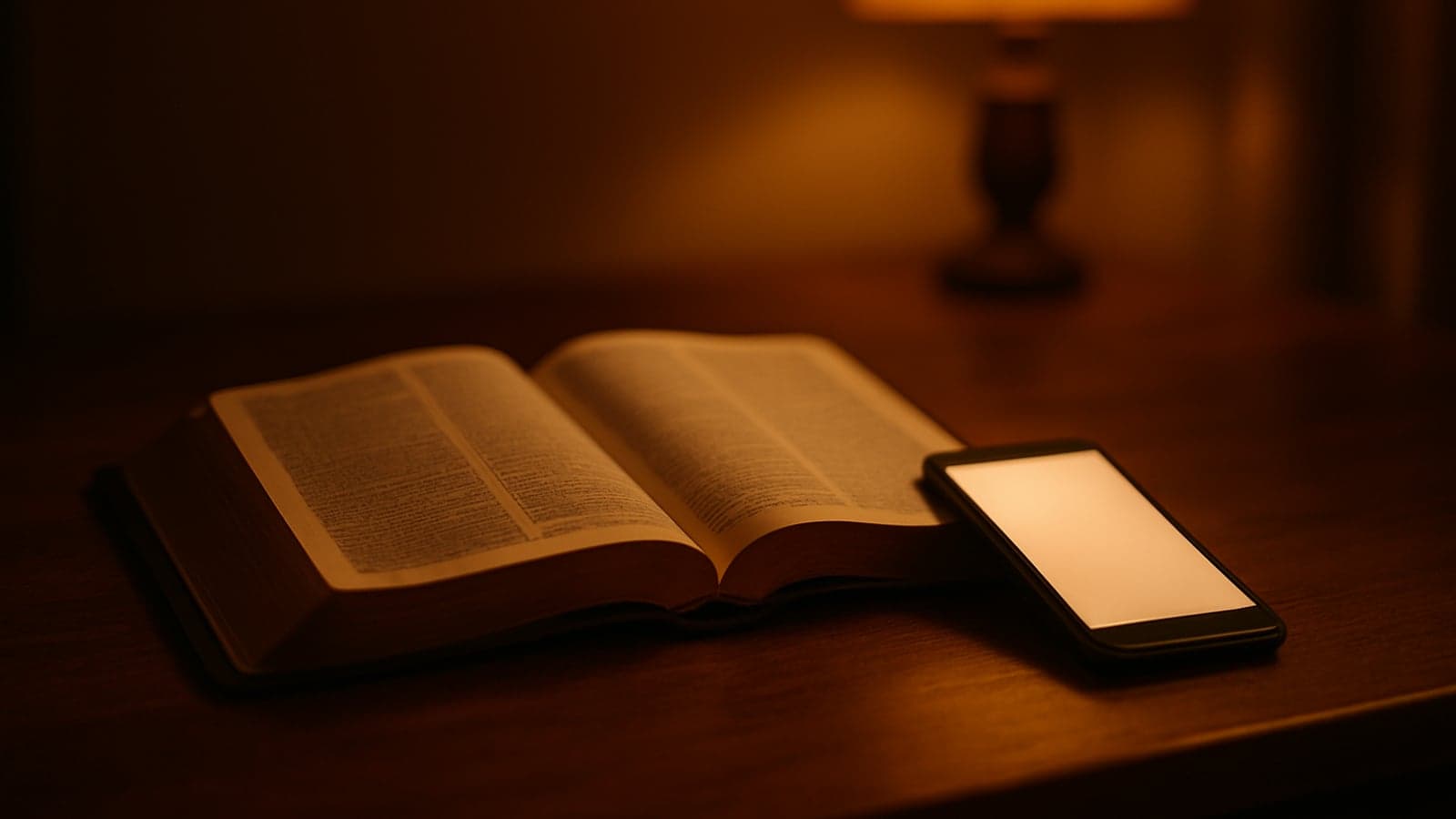 Celular apoiado ao lado de uma bíblia aberta sobre a mesa em um quarto à noite, com luz suave de abajur