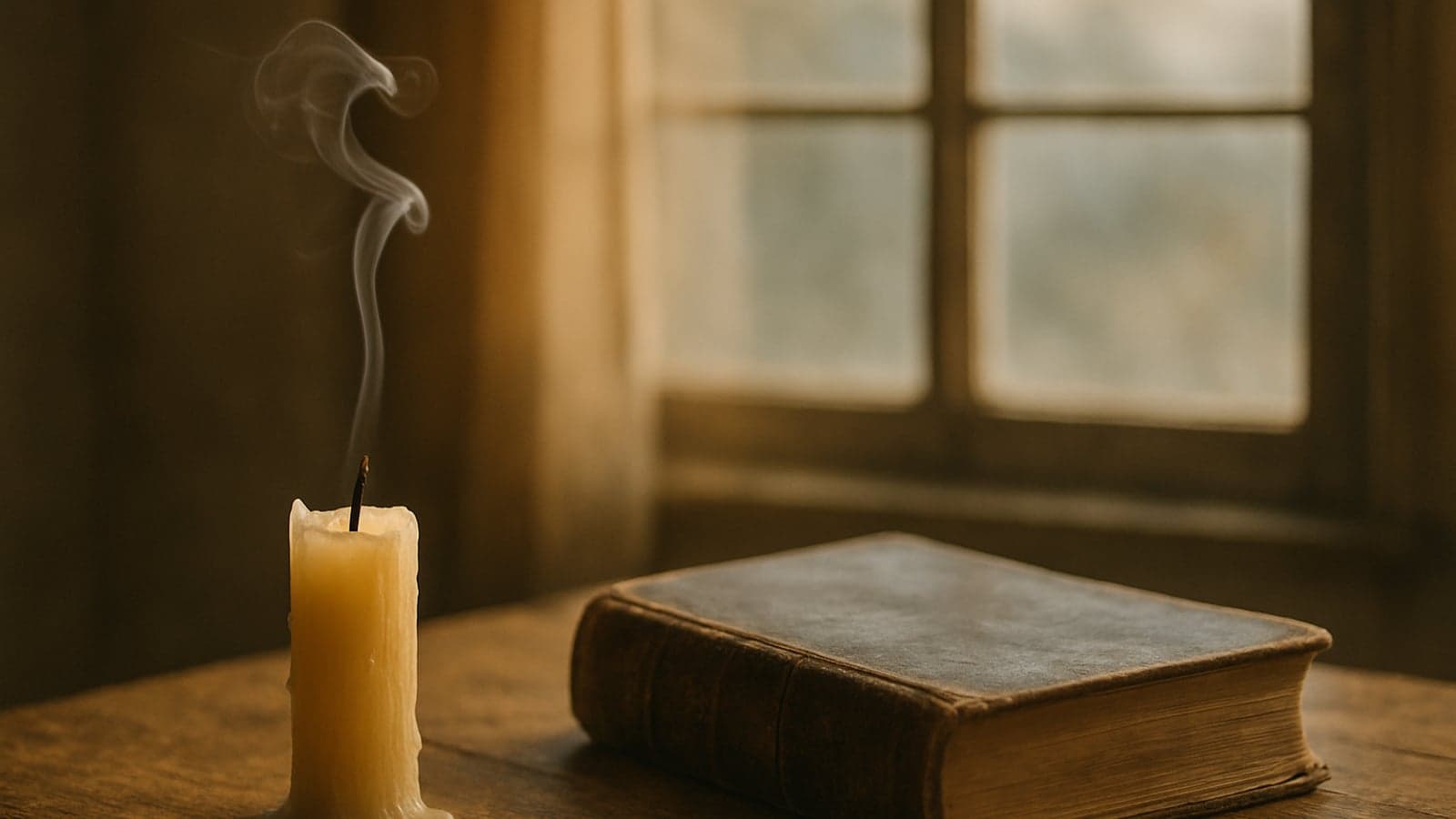 Uma vela quase apagada com um fio de fumaça sobre uma mesa de madeira ao lado de uma bíblia fechada, na penumbra da manhã