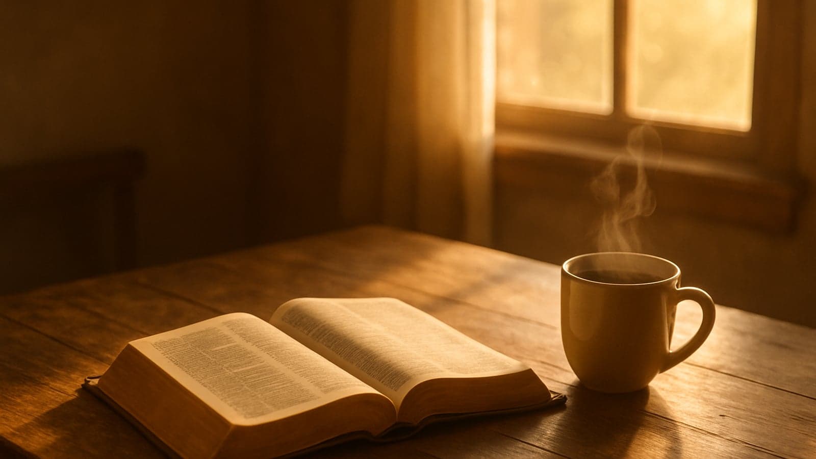 Bíblia aberta sobre uma mesa de madeira ao lado de uma xícara de café na luz suave da manhã