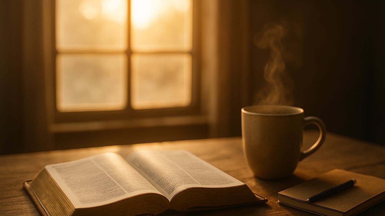 Bíblia aberta sobre uma mesa de madeira ao lado de uma xícara de café fumegante na luz suave da manhã