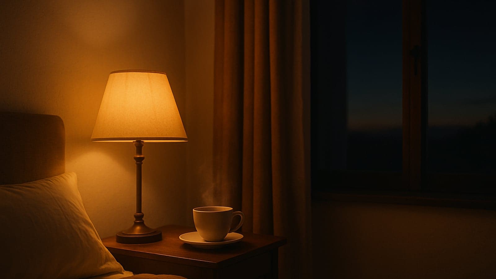 Abajur aceso ao lado de uma cama e uma janela escura de madrugada, transmitindo calma no meio da noite