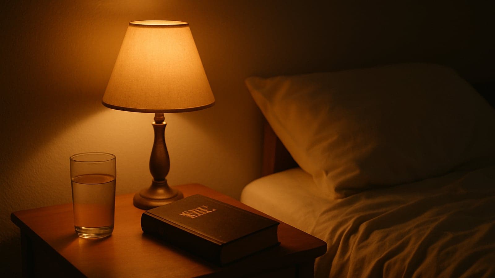 Mesa de cabeceira à beira da cama na penumbra da madrugada com um copo de água e uma bíblia