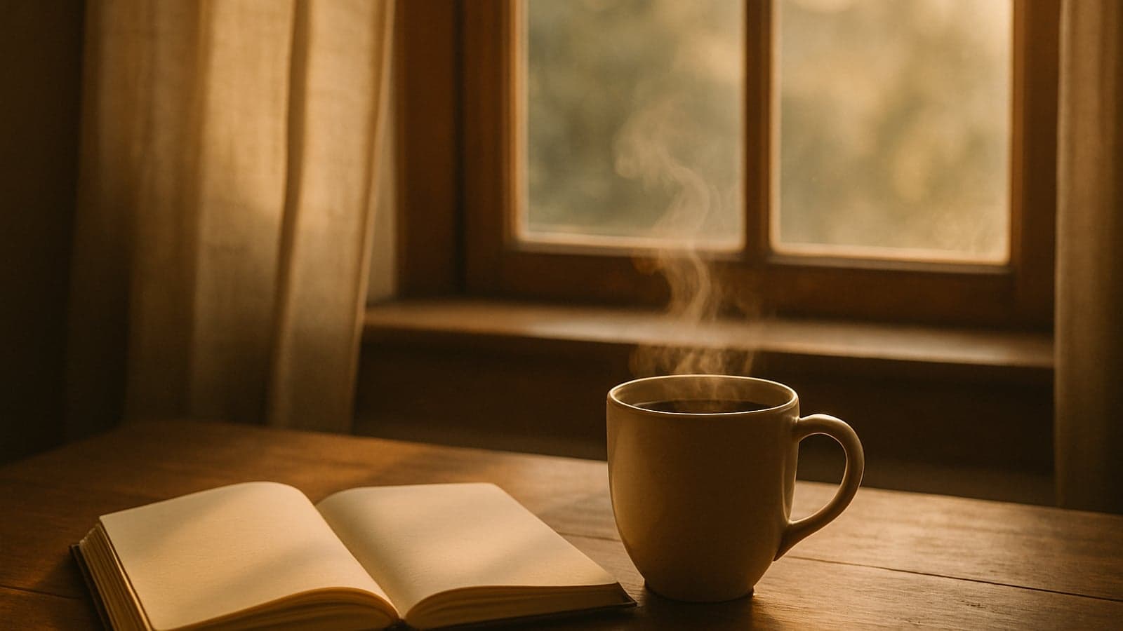 Pessoa sentada sozinha perto de uma janela com uma xícara de café, olhando para fora numa manhã tranquila