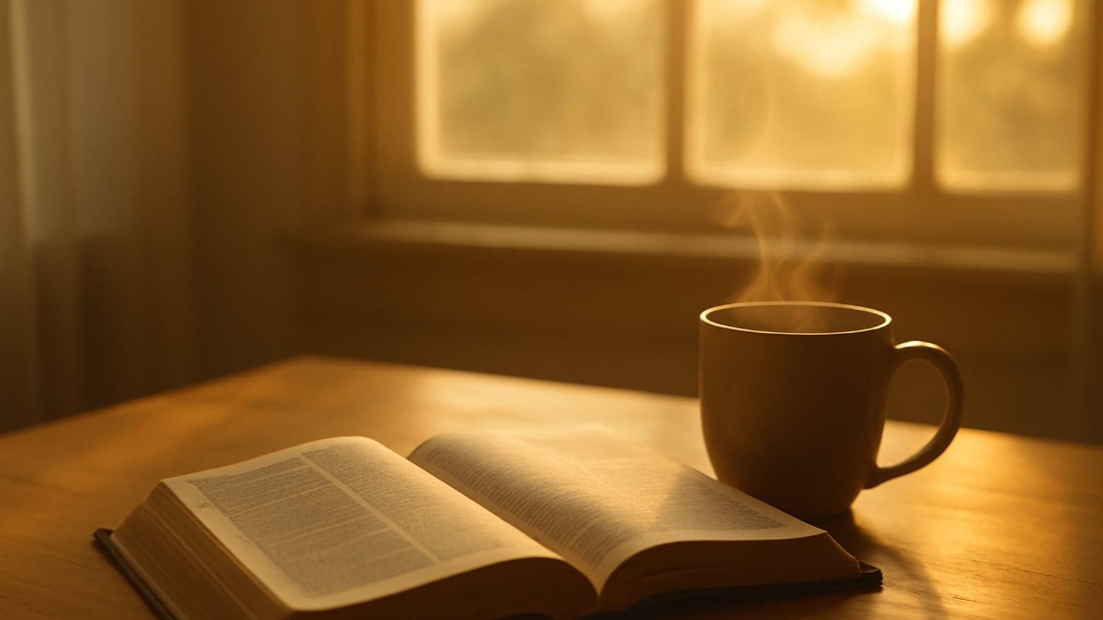 Bíblia aberta sobre uma mesa de madeira ao lado de uma xícara de café na luz suave da manhã