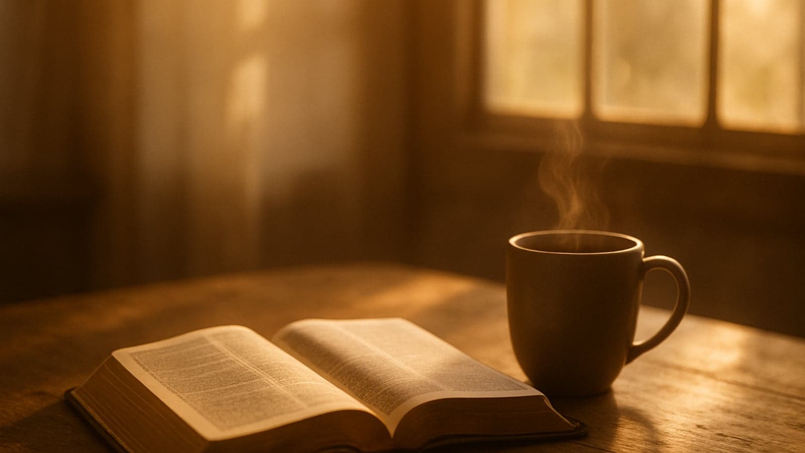 Bíblia aberta sobre uma mesa de madeira ao lado de uma xícara de café com a luz suave da manhã entrando pela janela