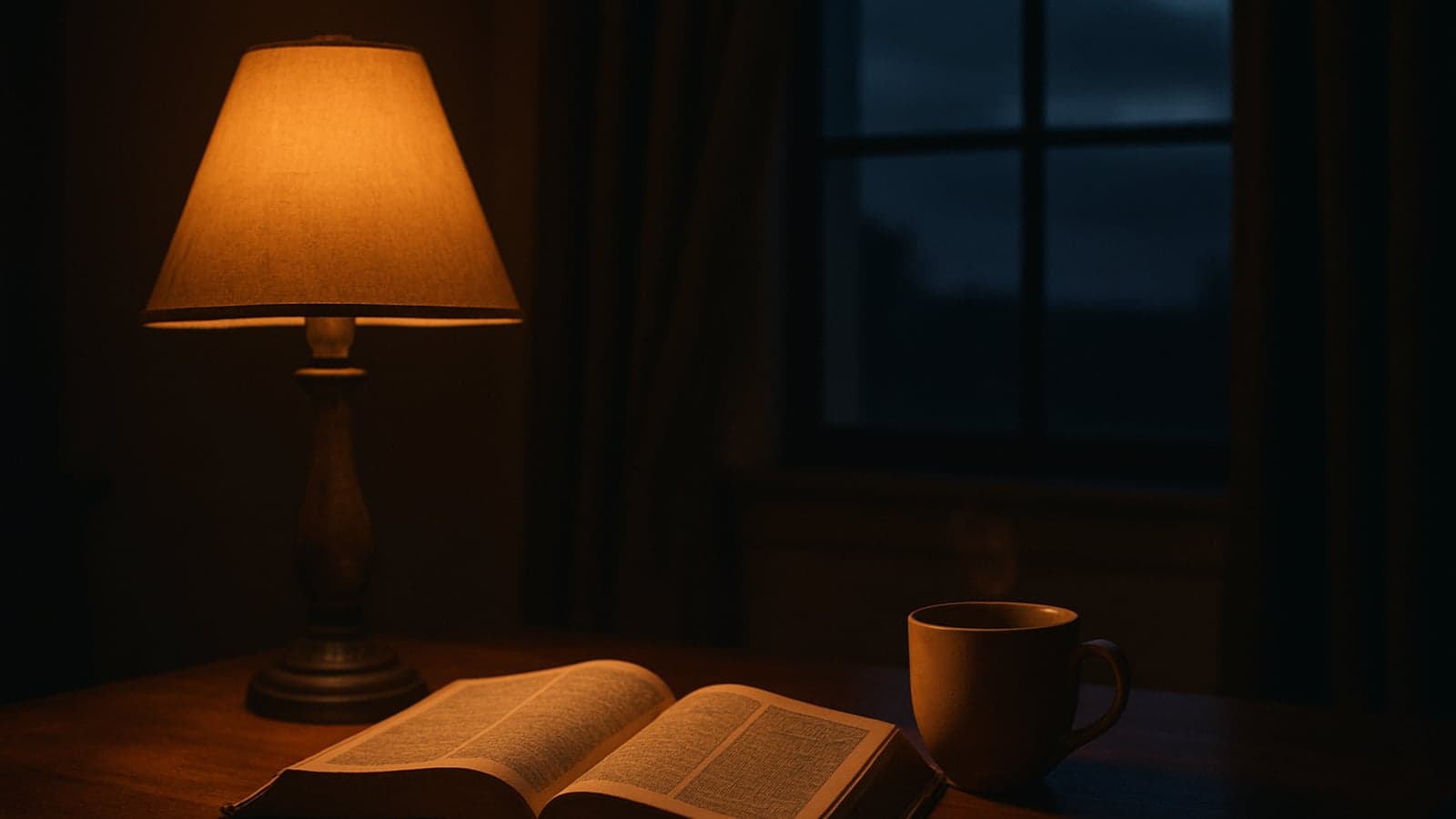 Bíblia aberta sobre uma mesa iluminada pela luz suave de um abajur durante a madrugada