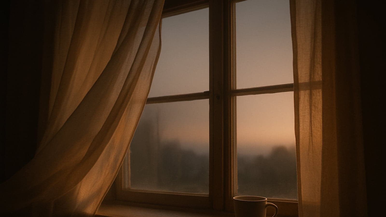 Janela de quarto ao amanhecer com a luz suave rompendo a escuridão sobre uma cama desarrumada
