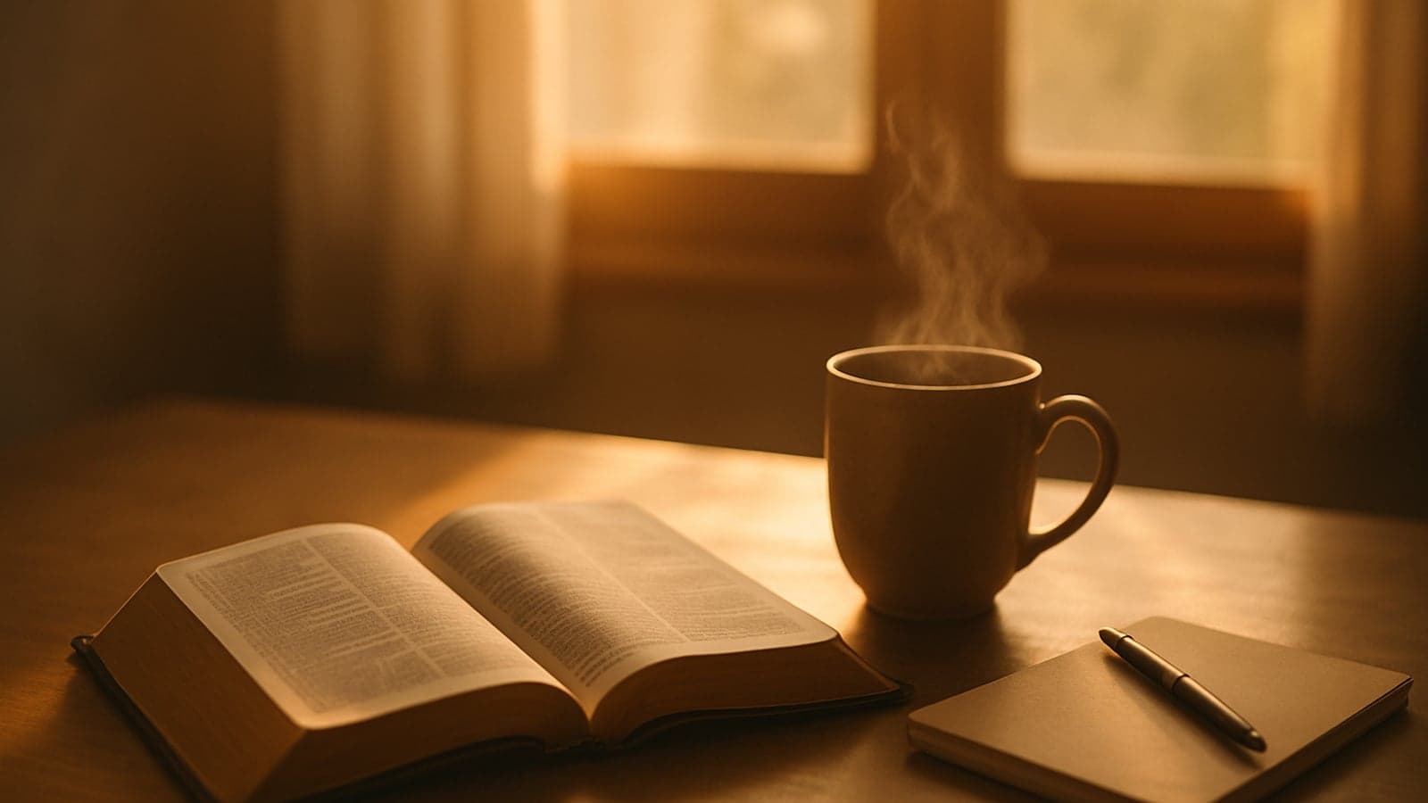 Bíblia aberta sobre uma mesa de madeira ao lado de uma xícara de café e um caderno com a luz suave da manhã entrando pela janela